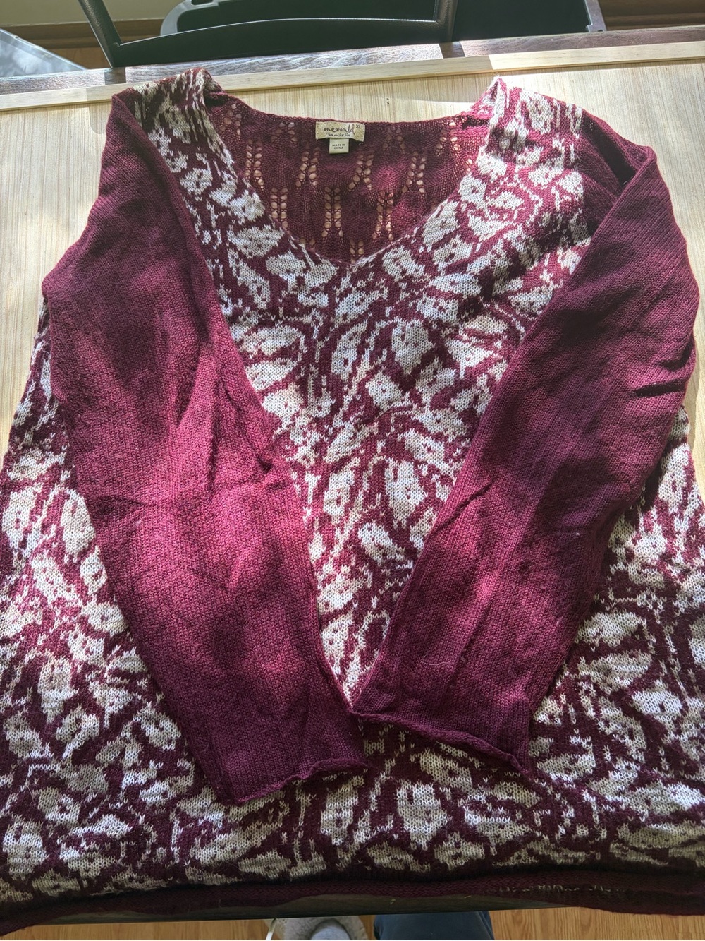One World Womens XL Burgundy Cream V Neck Sweater Open Knit Back Boho - Picture 4 of 4